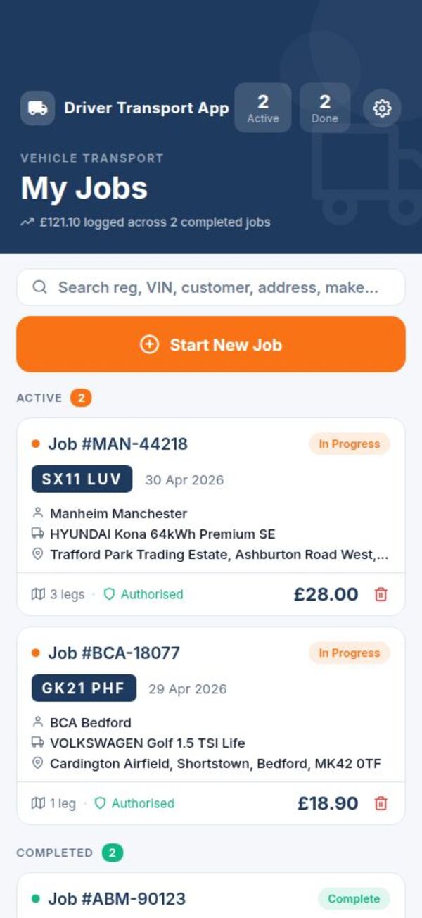 Driver Transport App home screen