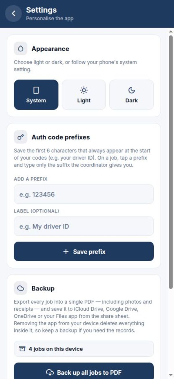Settings screen